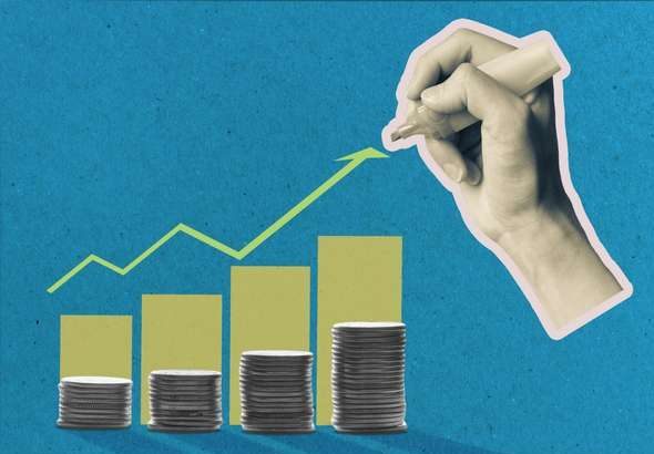 stacks of coins and growth graph. Hand draws a graph of growth. Profitable investment, business concept. art collage.