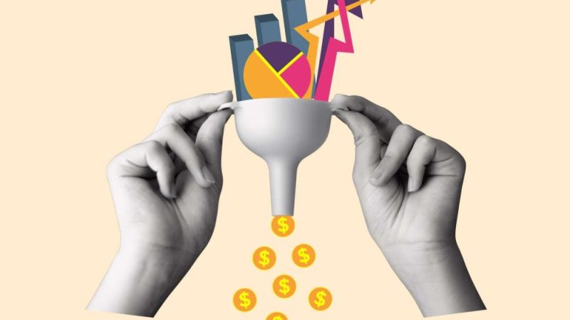 Contemporary art collage of human hands holding a funnel and dollars, graphs, diagrams and arrows. Concept of profit, making money, business. Copy space.